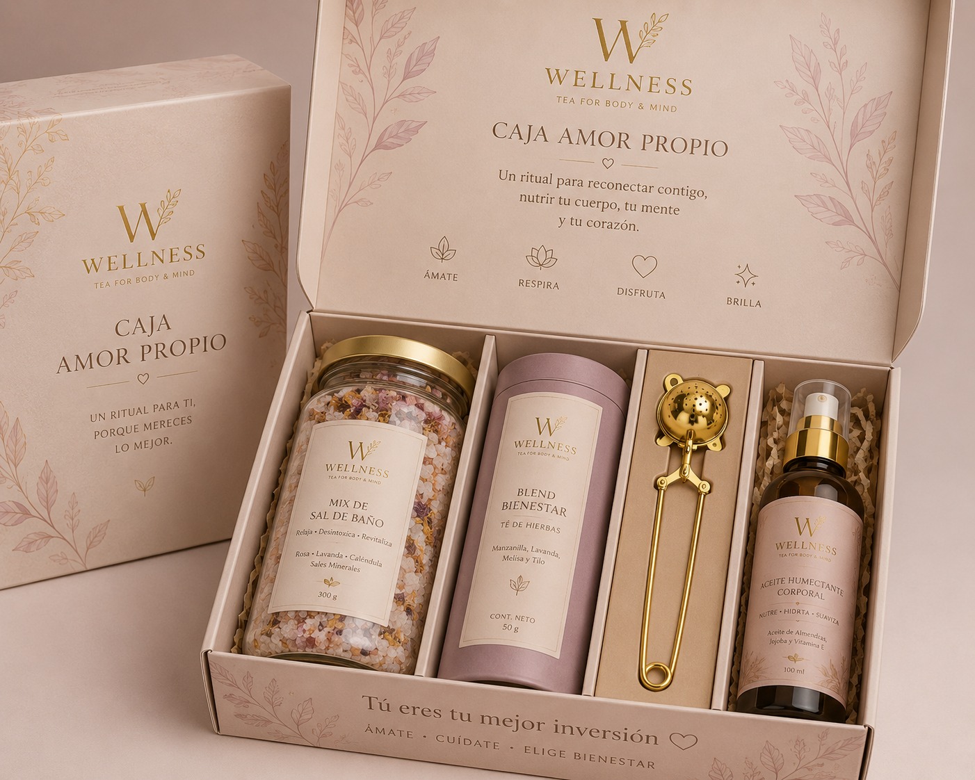 Caja de regalo con té, accesorios y productos de bienestar
